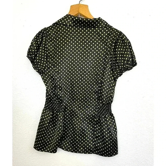 Forever Women's Black Shiny Blouse Elastic Waist Yellow Polka Dots Medium Retro - Picture 2 of 8